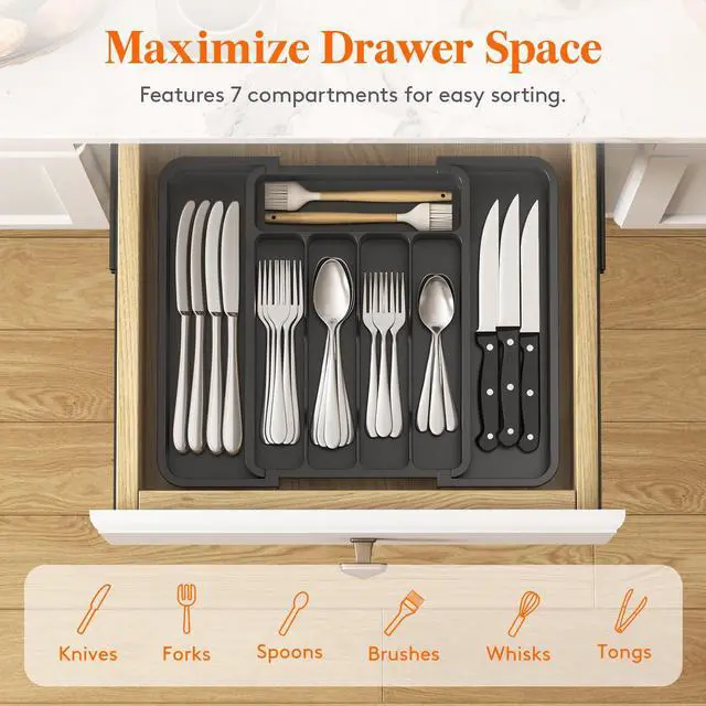 Alt view image 3 of 5 - Silverware Drawer Organizer, Expandable Utensil Tray for Kitchen, BPA Free Flatware and Cutlery Holder, Adjustable Plastic Storage for Spoons Forks Knives, 8.9-14.7 x 12.2", Black