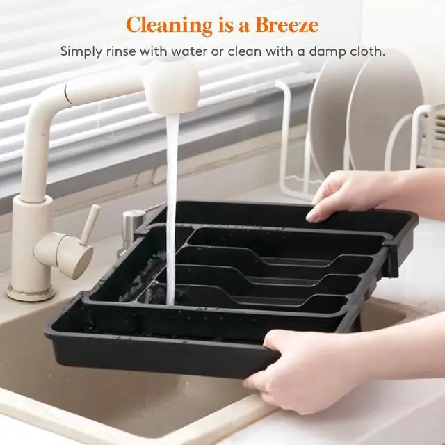 Alt view image 4 of 5 - Silverware Drawer Organizer, Expandable Utensil Tray for Kitchen, BPA Free Flatware and Cutlery Holder, Adjustable Plastic Storage for Spoons Forks Knives, 8.9-14.7 x 12.2", Black