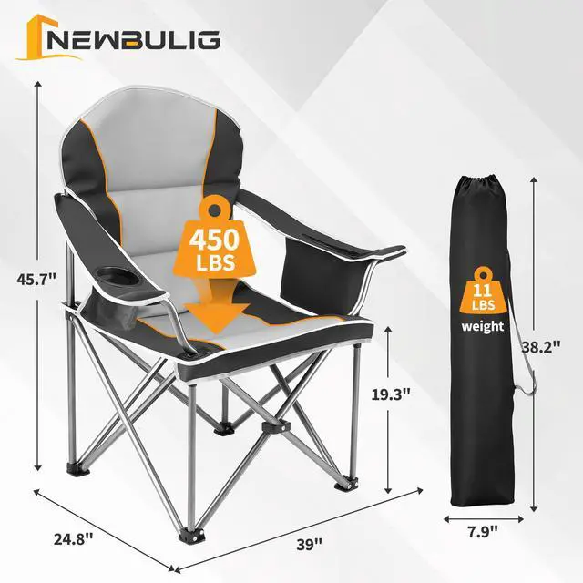 Alt view image 2 of 7 - Oversized Folding Camping Chair for Adults, Portable Outdoor Collapsible Chairs, 500 LBS Heavy Duty Support, with Cup Holders, for Lawn, Fishing, Hiking, Black