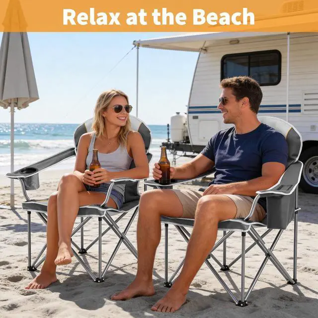 Alt view image 5 of 7 - Oversized Folding Camping Chair for Adults, Portable Outdoor Collapsible Chairs, 500 LBS Heavy Duty Support, with Cup Holders, for Lawn, Fishing, Hiking, Black