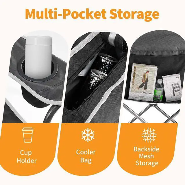 Alt view image 7 of 7 - Oversized Folding Camping Chair for Adults, Portable Outdoor Collapsible Chairs, 500 LBS Heavy Duty Support, with Cup Holders, for Lawn, Fishing, Hiking, Black