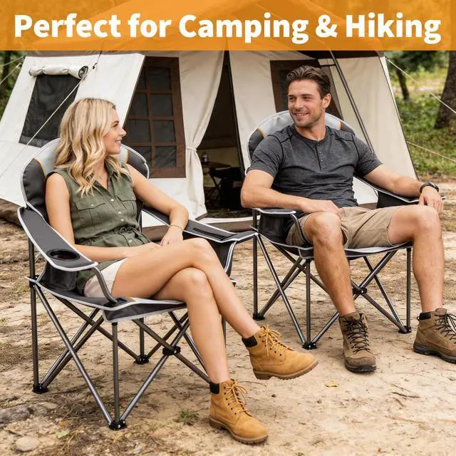 Alt view image 4 of 7 - Oversized Folding Camping Chair for Adults, Portable Outdoor Collapsible Chairs, 500 LBS Heavy Duty Support, with Cup Holders, for Lawn, Fishing, Hiking, Black