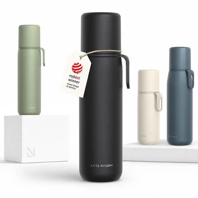 Main image of Stainless Steel Thermo Water Bottle - Double Wall Insulated Water Bottle with Cup & Carry Strap, Leakproof Metal Bottle for Travel, Office & Outdoor (Carbon Black, 25oz)