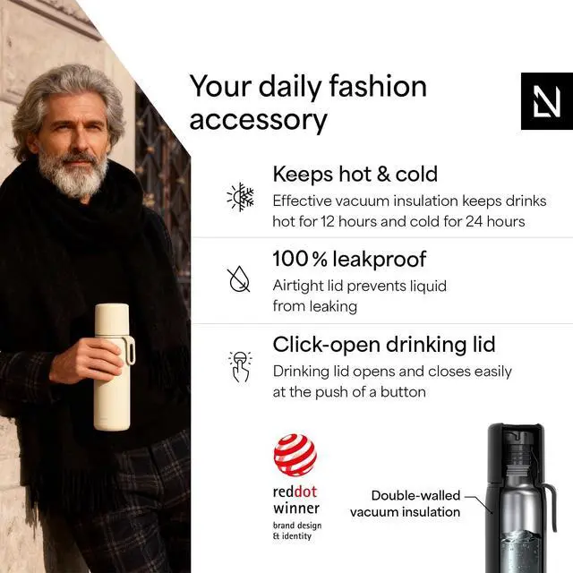 Alt view image 2 of 7 - Stainless Steel Thermo Water Bottle - Double Wall Insulated Water Bottle with Cup & Carry Strap, Leakproof Metal Bottle for Travel, Office & Outdoor (Carbon Black, 25oz)