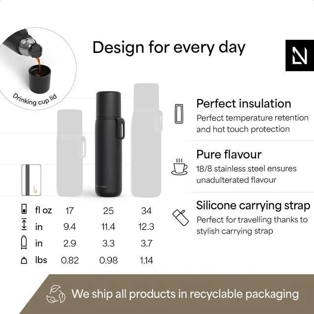 Alt view image 4 of 7 - Stainless Steel Thermo Water Bottle - Double Wall Insulated Water Bottle with Cup & Carry Strap, Leakproof Metal Bottle for Travel, Office & Outdoor (Carbon Black, 25oz)