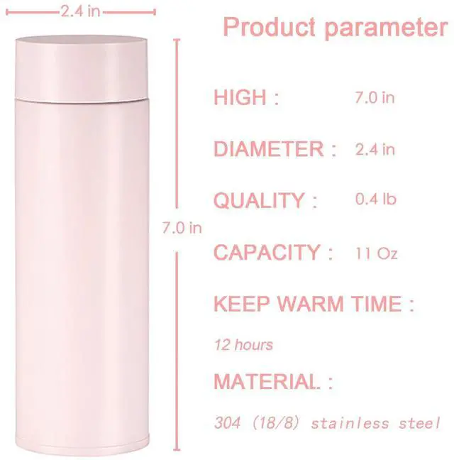 Alt view image 3 of 6 - 11 oz Mini Water Bottle Stainless Steel Thermoses Small - Insulated Vacuum, Leak Proof, Keeps Drinks Hot/Cold - Ideal for Coffee, Tea, Water - Pink