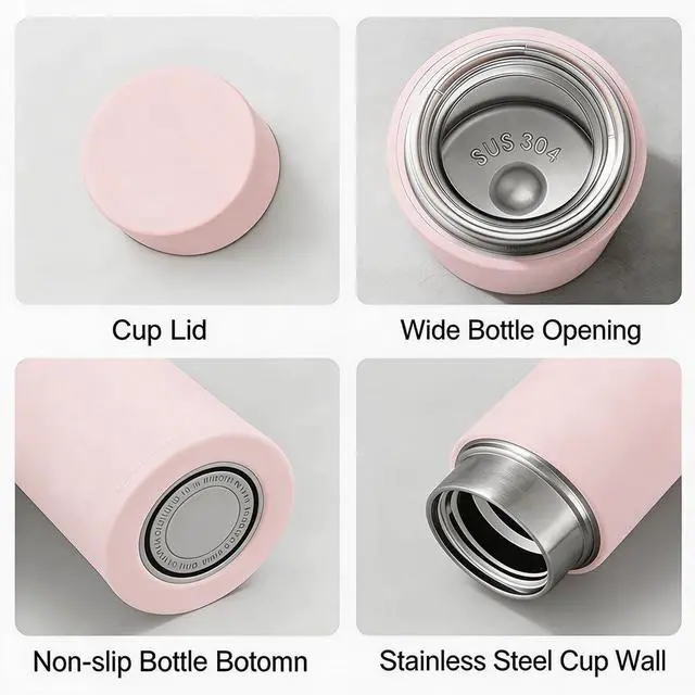 Alt view image 2 of 6 - 11 oz Mini Water Bottle Stainless Steel Thermoses Small - Insulated Vacuum, Leak Proof, Keeps Drinks Hot/Cold - Ideal for Coffee, Tea, Water - Pink