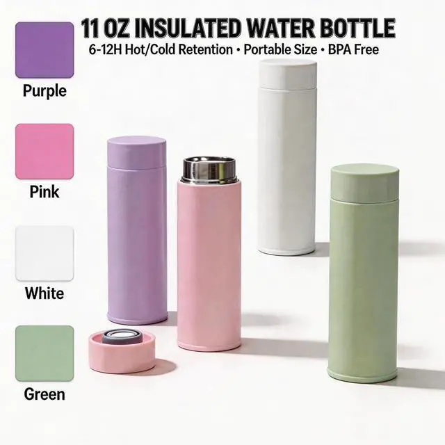 Alt view image 6 of 6 - 11 oz Mini Water Bottle Stainless Steel Thermoses Small - Insulated Vacuum, Leak Proof, Keeps Drinks Hot/Cold - Ideal for Coffee, Tea, Water - Pink