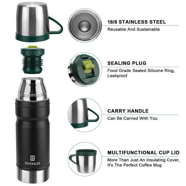 Alt view image 2 of 6 - Vacuum Insulated Water Bottle Thermo Water Flask with Cup 680ml/23oz Stainless Steel Thermal Water Bottles Thermo for Hot and Cold Drinks Coffee Water(Black,Single)