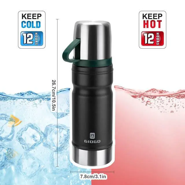 Alt view image 4 of 6 - Vacuum Insulated Water Bottle Thermo Water Flask with Cup 680ml/23oz Stainless Steel Thermal Water Bottles Thermo for Hot and Cold Drinks Coffee Water(Black,Single)
