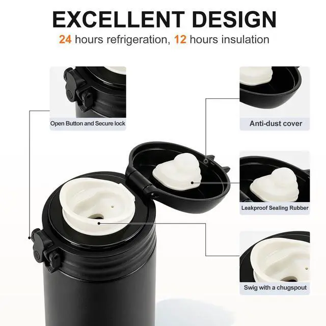 Alt view image 4 of 7 - Thermos Double Wall Vacuum Kids Water Bottle,with Snap-On Lid and Locking Ring Insulated Water Bottle BPA Free Suitable for Schools and Travel 16 Oz Black