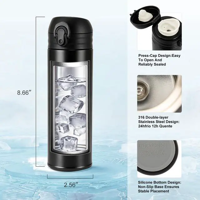 Alt view image 5 of 7 - Thermos Double Wall Vacuum Kids Water Bottle,with Snap-On Lid and Locking Ring Insulated Water Bottle BPA Free Suitable for Schools and Travel 16 Oz Black