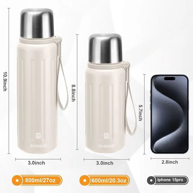 Alt view image 2 of 7 - Vacuum Insulated Bottles with Cup 800ml/27oz Stainless Steel Hot Thermo Bottles for Cold and Hot Drinks Water Coffee Thermo with Cup (White,800ml)