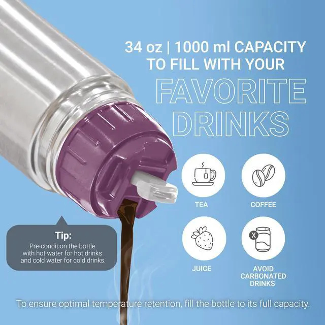 Alt view image 6 of 6 - for Hot Drinks 1000 ml (34 oz), 24 Hours Hot and Cold, Stainless Steel Water Bottle, Double Walled Vacuum Insulated Flask for Hot Coffee, Thermosteel, Leak Proof, Glassy, Purple