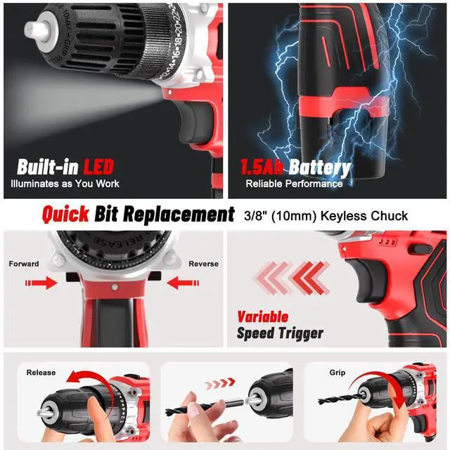 Alt view image 5 of 7 - Cordless Power Drill Set: 12V Electric Drill with Battery and Charger, 34pcs Acessories, 3/8"Keyless Chuck, 2 Variable Speed, 24+1 Position, Compact Drill Driver Kit for Home & DIY Project