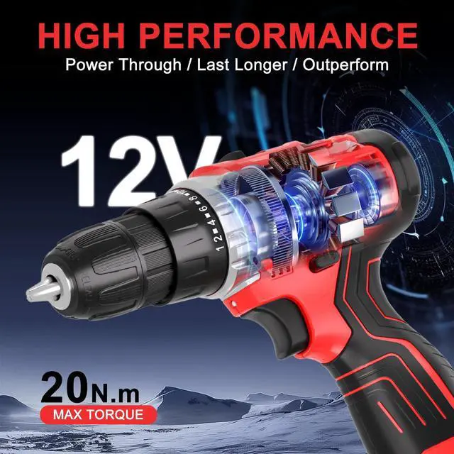 Alt view image 6 of 7 - Cordless Power Drill Set: 12V Electric Drill with Battery and Charger, 34pcs Acessories, 3/8"Keyless Chuck, 2 Variable Speed, 24+1 Position, Compact Drill Driver Kit for Home & DIY Project
