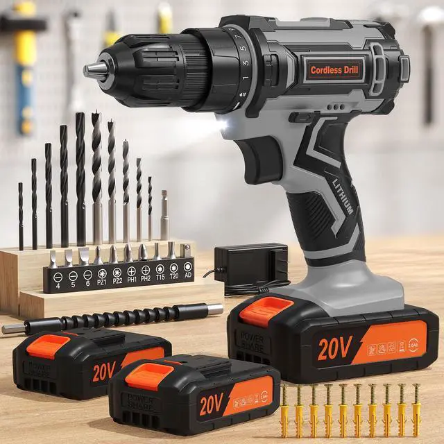 Main image of Cordless Drill, 20V Power Drill, Double 2000mAh Power Pack Electric Drills, Cordless Drills with Power Pack and Charger, 3/8" Keyless Chuck Screwdriver with 25+1 Max 370 In-lb Torque, 42Pcs Bits