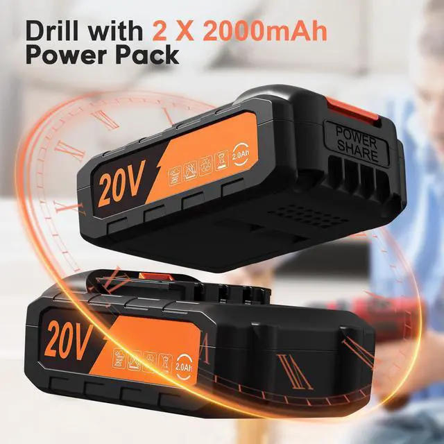 Alt view image 3 of 7 - Cordless Drill, 20V Power Drill, Double 2000mAh Power Pack Electric Drills, Cordless Drills with Power Pack and Charger, 3/8" Keyless Chuck Screwdriver with 25+1 Max 370 In-lb Torque, 42Pcs Bits
