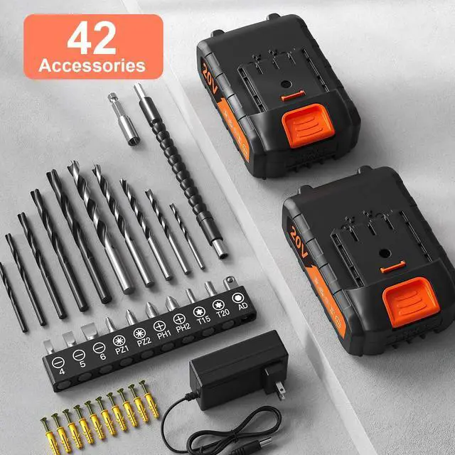 Alt view image 6 of 7 - Cordless Drill, 20V Power Drill, Double 2000mAh Power Pack Electric Drills, Cordless Drills with Power Pack and Charger, 3/8" Keyless Chuck Screwdriver with 25+1 Max 370 In-lb Torque, 42Pcs Bits