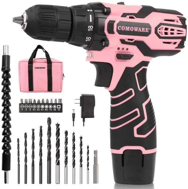 Main image of Pink Cordless Drill Set for Women, 12V Lightweight Electric Screwdriver with 3/8" Keyless Chuck, 1.5Ah Battery - Portable Power Drill Kit with Pink Tool Bag for Home DIY Projects