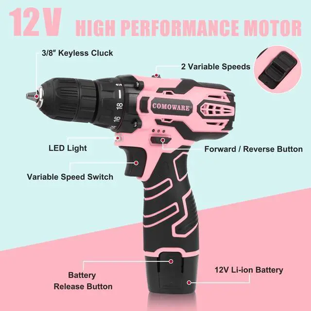 Alt view image 2 of 7 - Pink Cordless Drill Set for Women, 12V Lightweight Electric Screwdriver with 3/8" Keyless Chuck, 1.5Ah Battery - Portable Power Drill Kit with Pink Tool Bag for Home DIY Projects