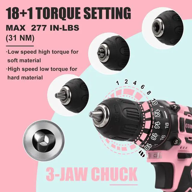Alt view image 3 of 7 - Pink Cordless Drill Set for Women, 12V Lightweight Electric Screwdriver with 3/8" Keyless Chuck, 1.5Ah Battery - Portable Power Drill Kit with Pink Tool Bag for Home DIY Projects