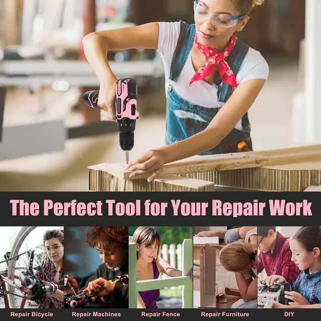 Alt view image 5 of 7 - Pink Cordless Drill Set for Women, 12V Lightweight Electric Screwdriver with 3/8" Keyless Chuck, 1.5Ah Battery - Portable Power Drill Kit with Pink Tool Bag for Home DIY Projects