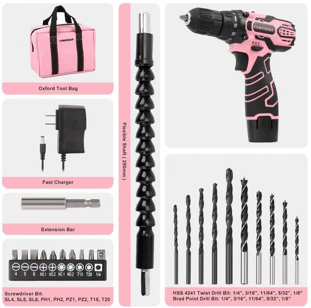 Alt view image 7 of 7 - Pink Cordless Drill Set for Women, 12V Lightweight Electric Screwdriver with 3/8" Keyless Chuck, 1.5Ah Battery - Portable Power Drill Kit with Pink Tool Bag for Home DIY Projects