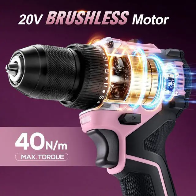 Alt view image 2 of 7 - 20V Cordless Drill, Electric Power Drill Driver with Battery Charger,Power Drill Set Tool for Women Pink Drill Set,3/8 Keyless Chuck, 2 Variable Speed