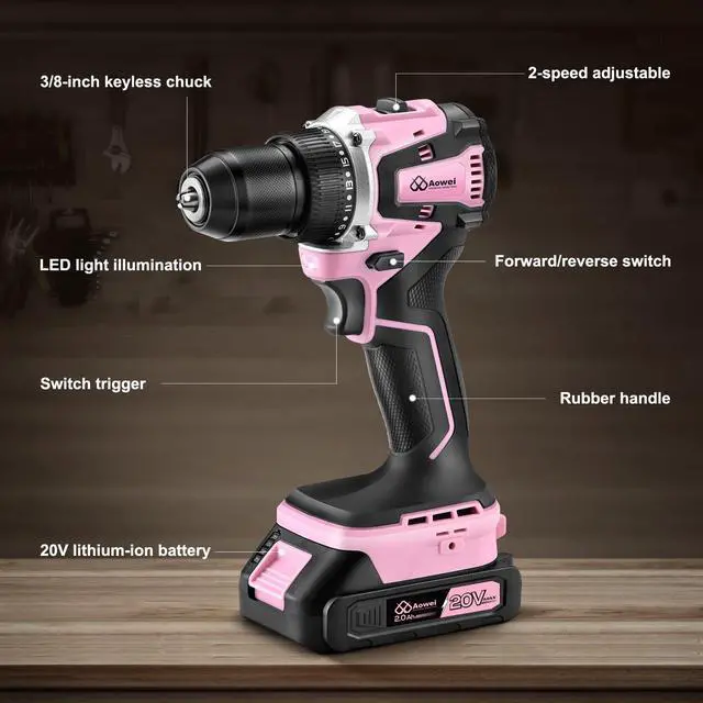 Alt view image 6 of 7 - 20V Cordless Drill, Electric Power Drill Driver with Battery Charger,Power Drill Set Tool for Women Pink Drill Set,3/8 Keyless Chuck, 2 Variable Speed