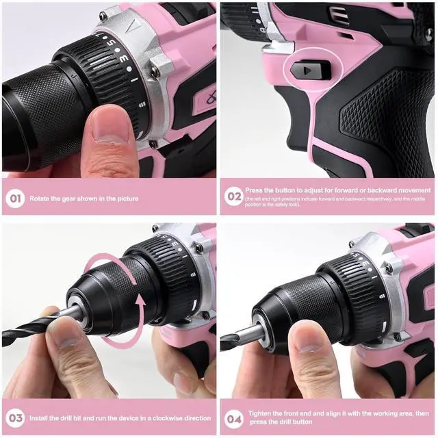 Alt view image 7 of 7 - 20V Cordless Drill, Electric Power Drill Driver with Battery Charger,Power Drill Set Tool for Women Pink Drill Set,3/8 Keyless Chuck, 2 Variable Speed