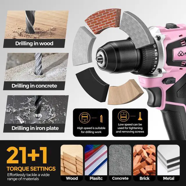 Alt view image 4 of 7 - 20V Cordless Drill, Electric Power Drill Driver with Battery Charger,Power Drill Set Tool for Women Pink Drill Set,3/8 Keyless Chuck, 2 Variable Speed