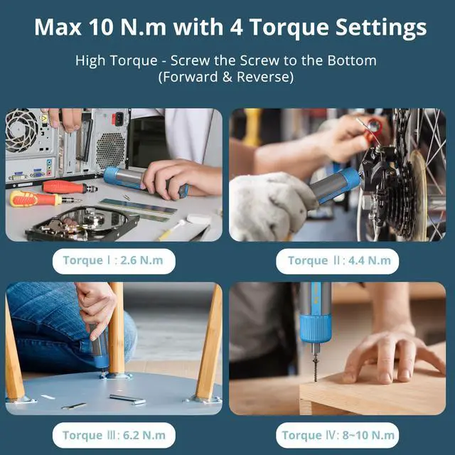 Alt view image 4 of 7 - 4V Electric Screwdriver Cordless, 10N.m High Torque /260 RPM, Cordless Screwdriver with 4-Level Control, 2200mAh USB-C Fast Charging, with 25pc S2 Steel Bits for DIY and Home Repairs (Blue)