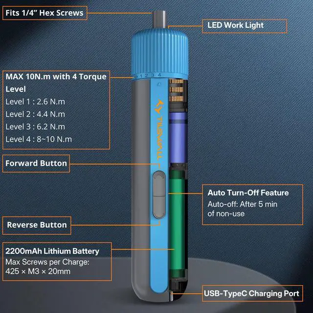 Alt view image 6 of 7 - 4V Electric Screwdriver Cordless, 10N.m High Torque /260 RPM, Cordless Screwdriver with 4-Level Control, 2200mAh USB-C Fast Charging, with 25pc S2 Steel Bits for DIY and Home Repairs (Blue)