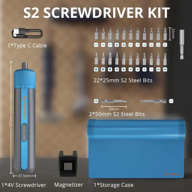 Alt view image 7 of 7 - 4V Electric Screwdriver Cordless, 10N.m High Torque /260 RPM, Cordless Screwdriver with 4-Level Control, 2200mAh USB-C Fast Charging, with 25pc S2 Steel Bits for DIY and Home Repairs (Blue)