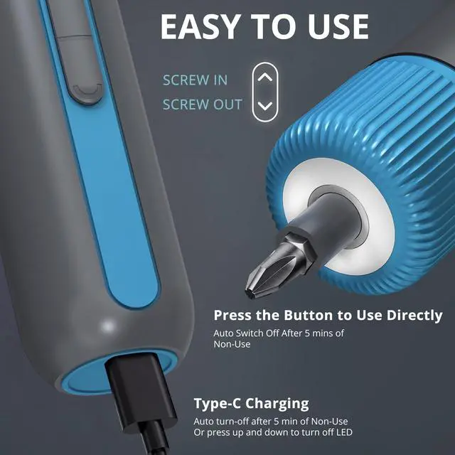 Alt view image 3 of 7 - 4V Electric Screwdriver Cordless, 10N.m High Torque /260 RPM, Cordless Screwdriver with 4-Level Control, 2200mAh USB-C Fast Charging, with 25pc S2 Steel Bits for DIY and Home Repairs (Blue)