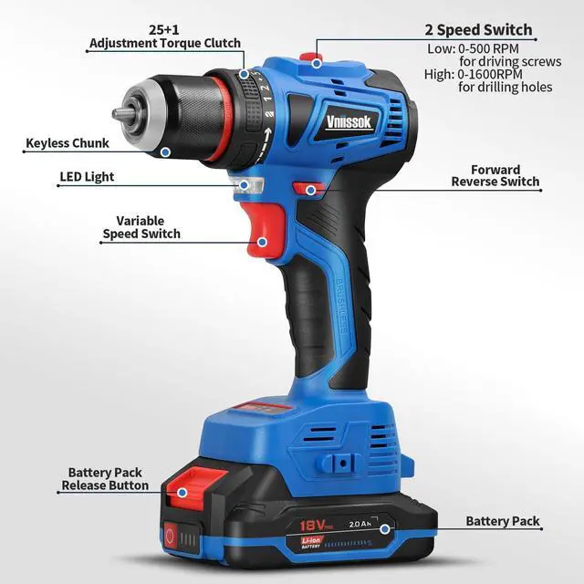 Alt view image 4 of 7 - Cordless Drill Set,18V Brushless Power impach driver with Battery and Charger, 3/8" Keyless Chuck, Variable Speed, Drill Driver Bits Kit for Drilling and Tightening/Loosening Screws