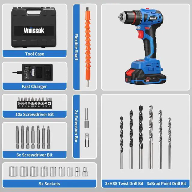 Alt view image 5 of 7 - Cordless Drill Set,18V Brushless Power impach driver with Battery and Charger, 3/8" Keyless Chuck, Variable Speed, Drill Driver Bits Kit for Drilling and Tightening/Loosening Screws