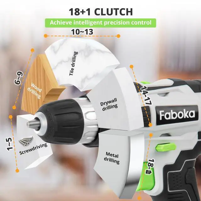 Alt view image 4 of 7 - 21V Cordless Drill Set, Power Drills Kit with 2.0Ah Battery and Charger, Electric Driver/Drill Bits, Max Torque 40Nm, 3/8-Inch Keyless Chuck, Variable Speed, LED Light, for DIY Home Repair