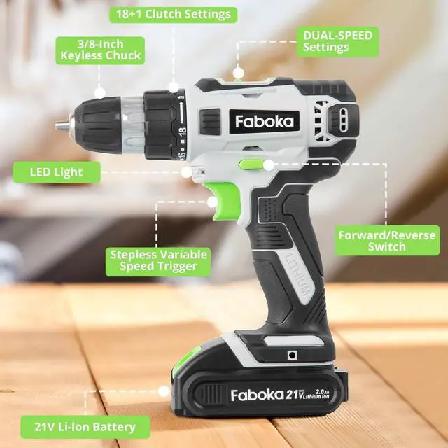 Alt view image 7 of 7 - 21V Cordless Drill Set, Power Drills Kit with 2.0Ah Battery and Charger, Electric Driver/Drill Bits, Max Torque 40Nm, 3/8-Inch Keyless Chuck, Variable Speed, LED Light, for DIY Home Repair