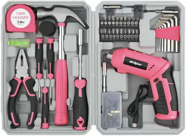 Main image of 42pc Pink 4V USB Electric Power Driver & Household Tool Kit. Cordless Power Screwdriver and Hand Tools in a Compact Box Case