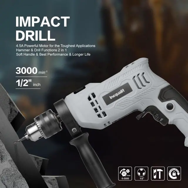 Alt view image 3 of 7 - Corded Hammer Drill 4.5Amp 0-3000 RPM, 1/2 Inch Chuck Impact Drill with 105-Piece Accessory Set, Adjustable Speed Control, 360° Swivel Handle, Depth Gauge and Portable Carrying Case