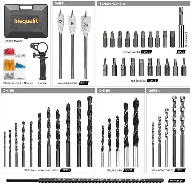 Alt view image 2 of 7 - Corded Hammer Drill 4.5Amp 0-3000 RPM, 1/2 Inch Chuck Impact Drill with 105-Piece Accessory Set, Adjustable Speed Control, 360° Swivel Handle, Depth Gauge and Portable Carrying Case