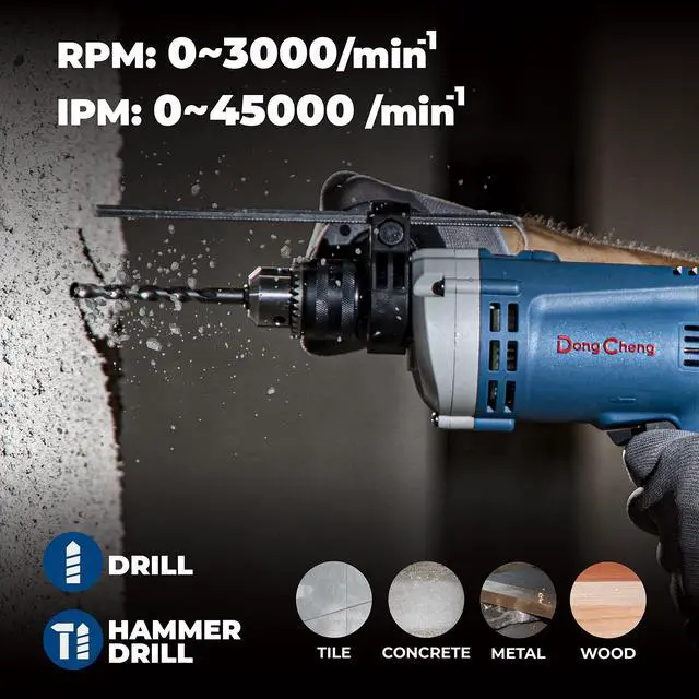Alt view image 2 of 7 - Hammer Drill 6A,1/2 Inch Keyed Chuck, 0-3000 RPM/45000 BPM Impact Drill with 15PCS Drilling Bits for Brick Wall, Metal & Wood, DZJ05-13
