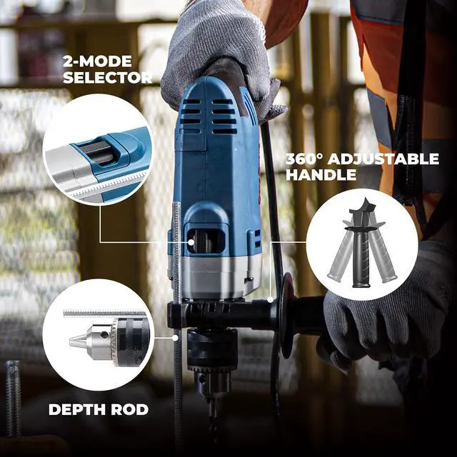 Alt view image 3 of 7 - Hammer Drill 6A,1/2 Inch Keyed Chuck, 0-3000 RPM/45000 BPM Impact Drill with 15PCS Drilling Bits for Brick Wall, Metal & Wood, DZJ05-13