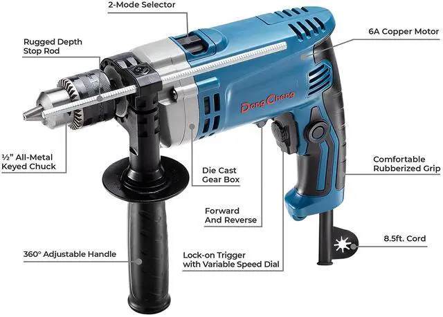 Alt view image 5 of 7 - Hammer Drill 6A,1/2 Inch Keyed Chuck, 0-3000 RPM/45000 BPM Impact Drill with 15PCS Drilling Bits for Brick Wall, Metal & Wood, DZJ05-13