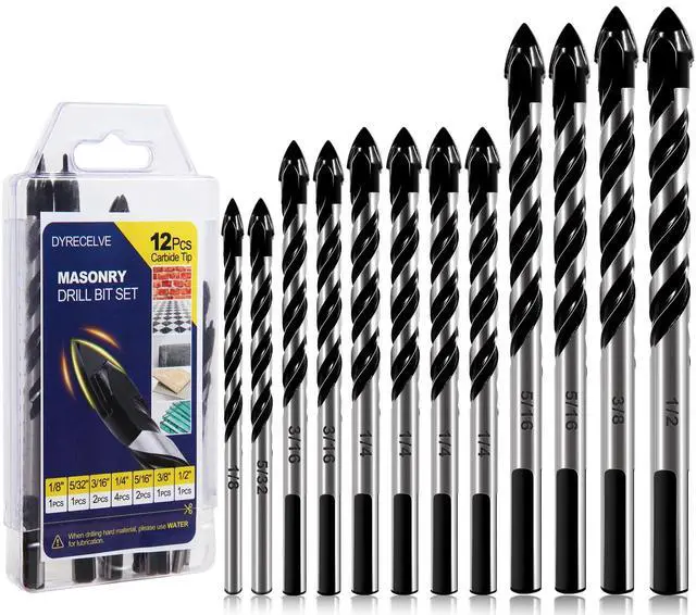 Main image of 12-PCS Masonry Drill Bit Set & Concrete Drill Bit Set, 1/8 to 1/2 inch Professional Carbide Drill Bits Tip for Glass, Tile, Brick, Cement Concrete Plastic Wood etc. Masonry Drill Bits Set