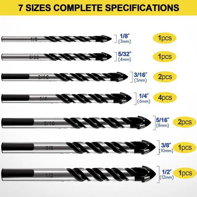Alt view image 4 of 7 - 12-PCS Masonry Drill Bit Set & Concrete Drill Bit Set, 1/8 to 1/2 inch Professional Carbide Drill Bits Tip for Glass, Tile, Brick, Cement Concrete Plastic Wood etc. Masonry Drill Bits Set