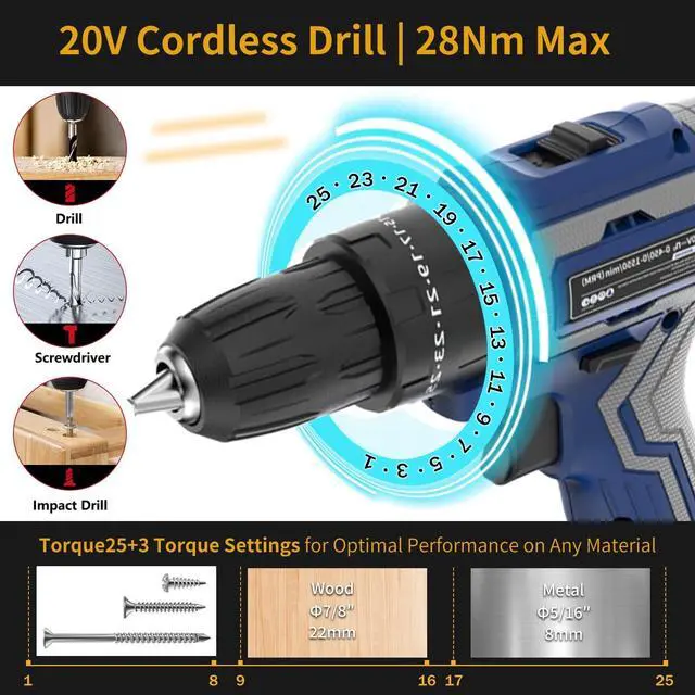Alt view image 2 of 7 - Cordless Drill with Battery and Charger, 20V Cordless Hammer Drill Kit, 28Nm Torque, 3/8" Keyless Chuck, 2-Speed for Home Repair and DIY Projects(2 batteries)
