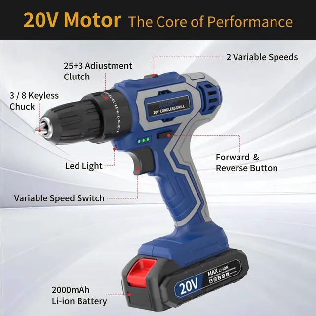 Alt view image 5 of 7 - Cordless Drill with Battery and Charger, 20V Cordless Hammer Drill Kit, 28Nm Torque, 3/8" Keyless Chuck, 2-Speed for Home Repair and DIY Projects(2 batteries)